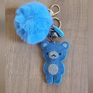 Blue Teddy Bear Tassel Fluffy Pom Pom Rhinestone Keychain Charm